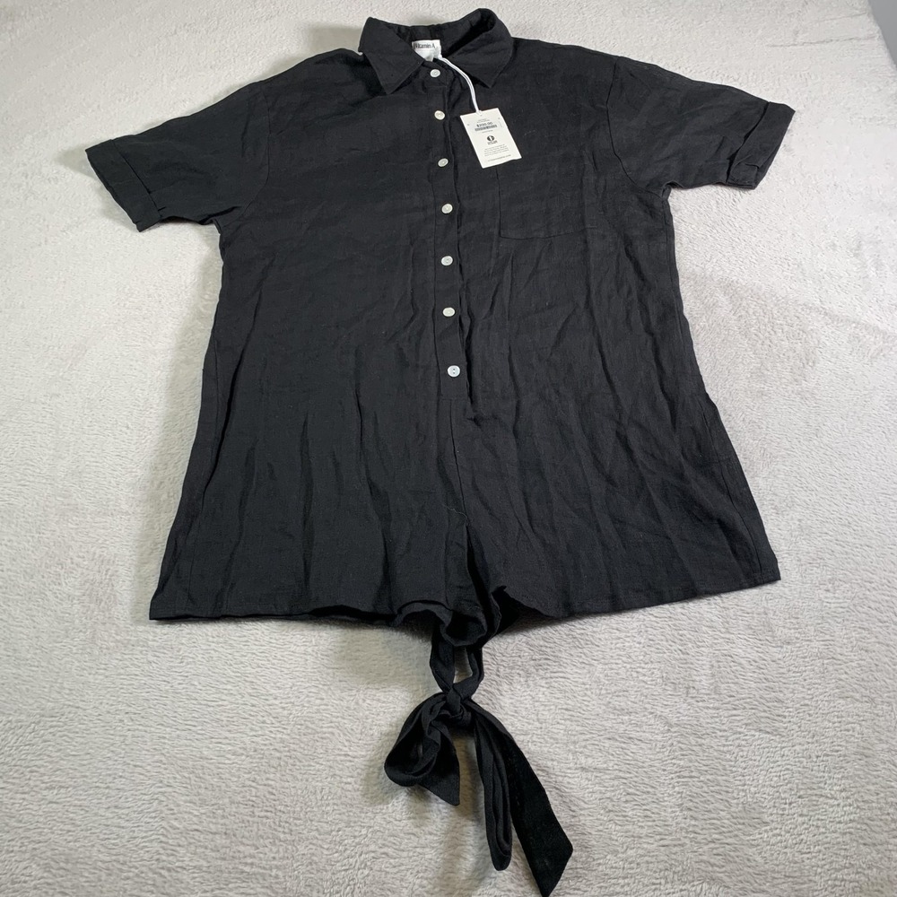 Vitamin A Shirt Womens Small Black Linen Short Sleeve Button Front Tie Tunic NEW